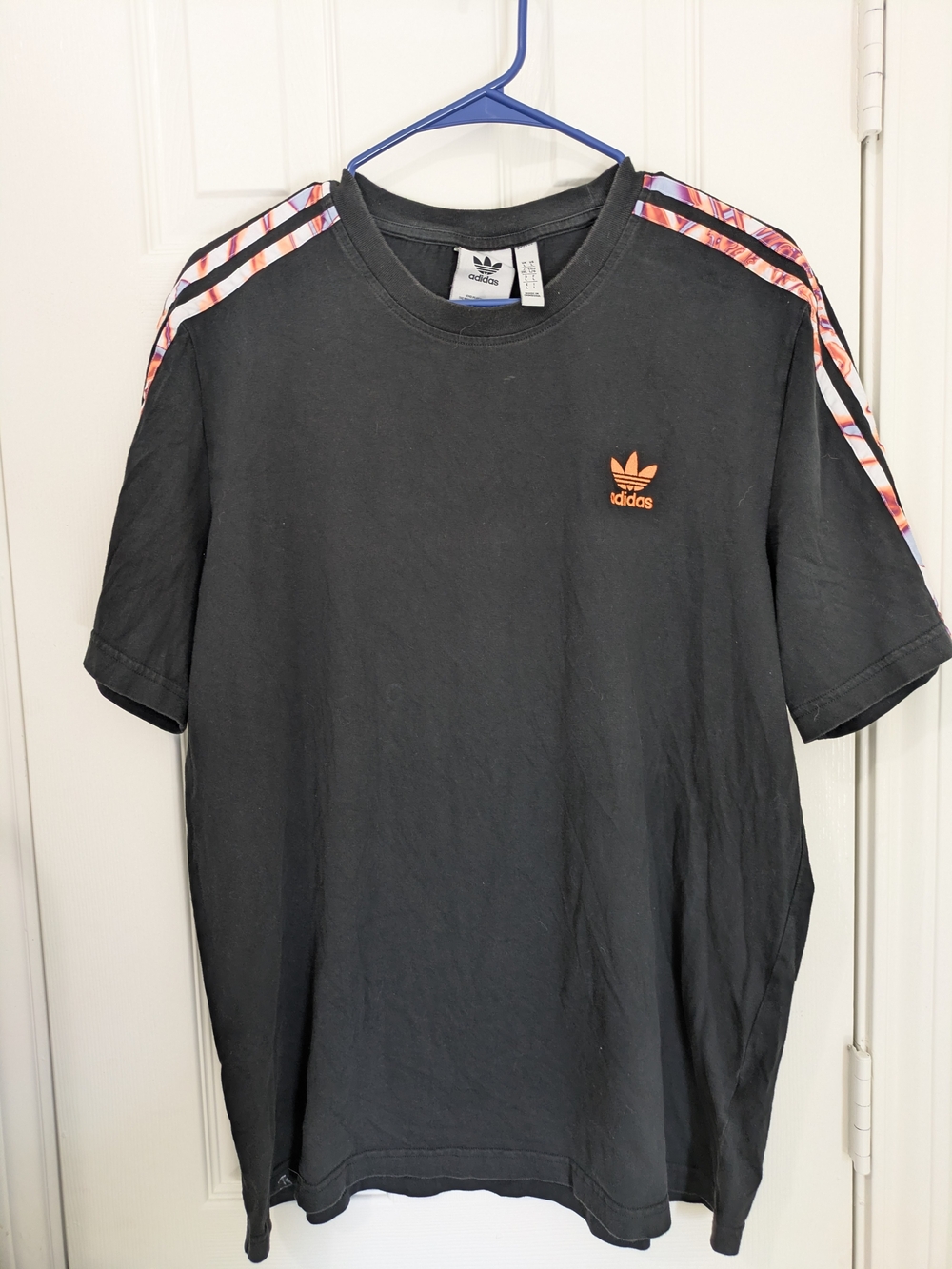 adidas Black Short Sleeve Tee with Pink and Orange Shoulder Accents